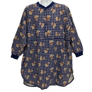 Vintage Simply Basic Teddy Bear Flannel Night Gown Blue Plaid Womens XL New!